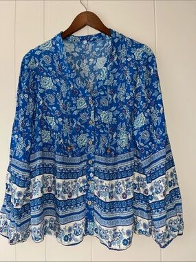 Blue Floral Button-Front Women's Blouse